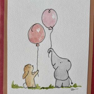 Charming Handpainted Card with a Rabbit and an Elephant Design