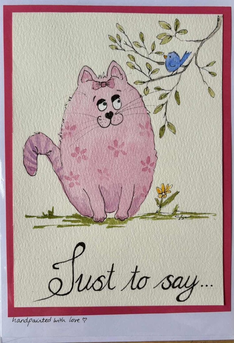 Whimsical Pink Cat & Blue Bird A5 Blank Card - 'Just to Say' Note Card