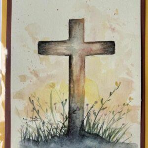 Elegant Hand-Painted A5 Watercolour Card Featuring Cross and Lush Greenery