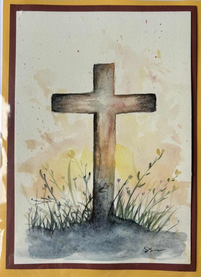 Elegant Hand-Painted A5 Watercolour Card Featuring Cross and Lush Greenery