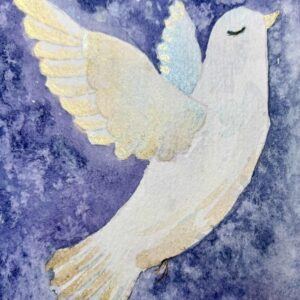 Handpainted Dove of Peace Artwork with Metallic Watercolor on a Textured Sky