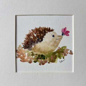 Whimsical Miniature Watercolour: Hedgehog with Butterfly