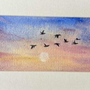 Hand-Painted Miniature Watercolour: Migrating Birds at Sunset (10×15 cm Mount)