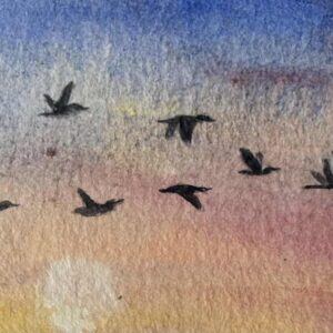 Hand-Painted Miniature Watercolour: Migrating Birds at Sunset (10×15 cm Mount)