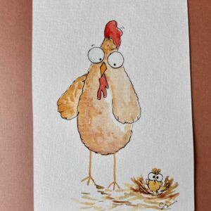 Charming Handpainted Hen and Chick Blank Card – 15cm Square