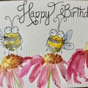 Unique 15cm Custom Hand-Painted Birthday Card with Bees & Flowers Design