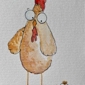 Charming Handpainted Hen and Chick Blank Card – 15cm Square