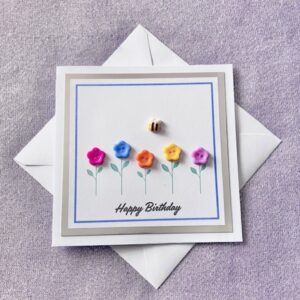 Handmade Birthday Card with Bee & Button Flowers (Silver)