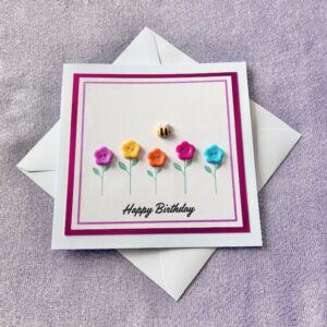 Handmade Birthday Card with Bee & Button Flowers (Pink)