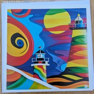 Rainbow Lighthouses Blank Greeting Card Featuring Original Art by Emma Major