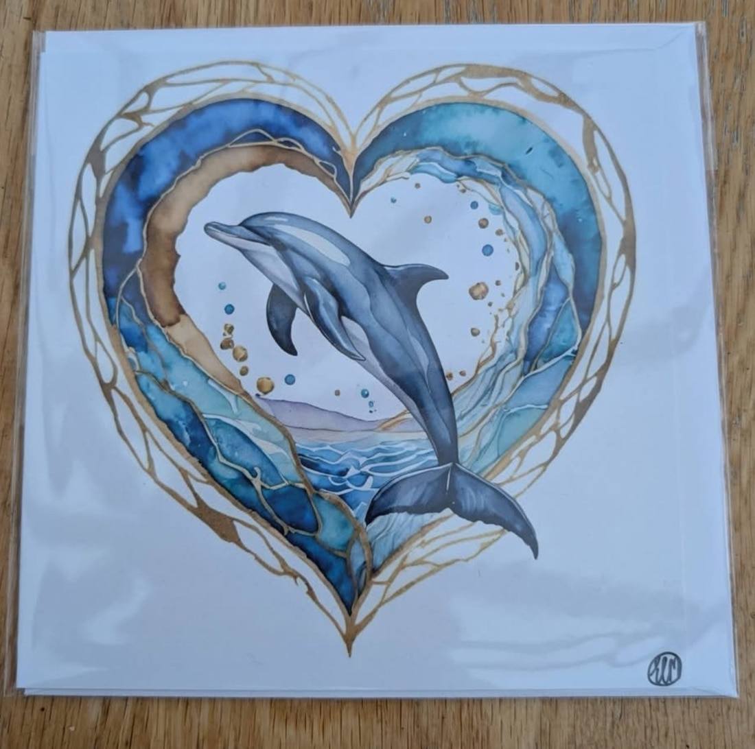 Dolphin Heart Blank Greeting Card Featuring Original Art by Emma Major