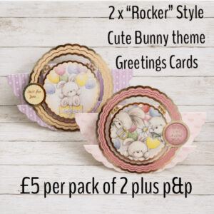 Pack of 2 Cute Bunny “Rocker” Style Greetings Cards with envelopes