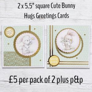 Pack of 2 Cute Bunny Hugs 5.5” square Greetings Cards with envelopes
