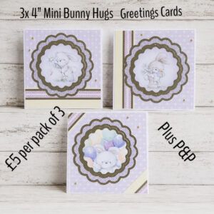 Pack of 3 Cute Bunny Hugs 4” Mini Greeting/Notelet Cards with envelopes (Lilac).