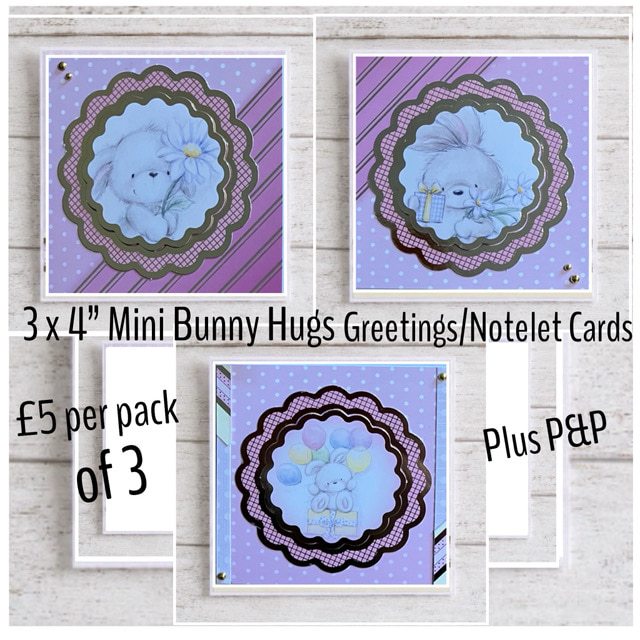 Pack of 3 Cute Bunny Hugs 4” Mini Greeting/Notelet Cards with envelopes (Pink)