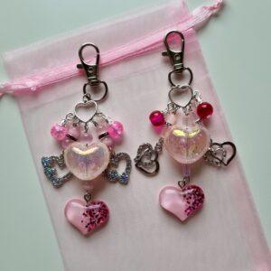 Handmade Pink Beaded Heart Bag Charm – Sparkling Accessory with Diamanté Charms