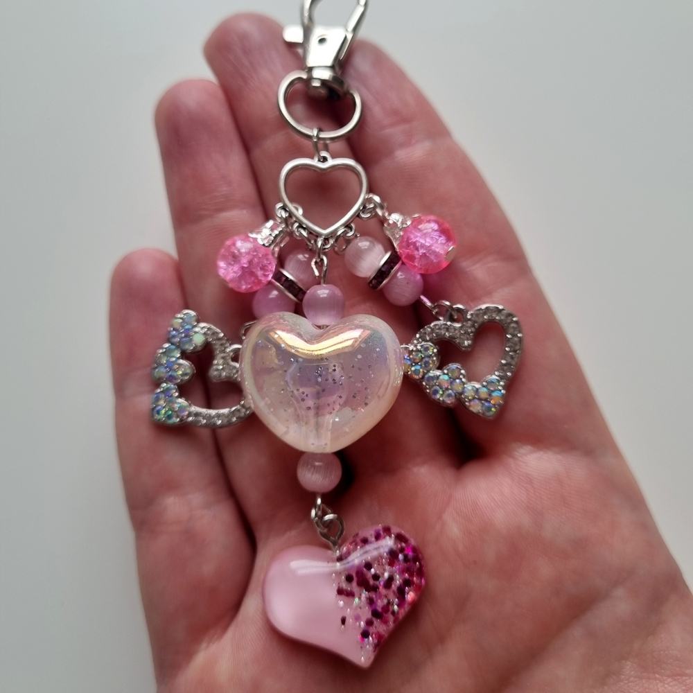 Handmade Pink Beaded Heart Bag Charm – Sparkling Accessory with Diamanté Charms - Image 6