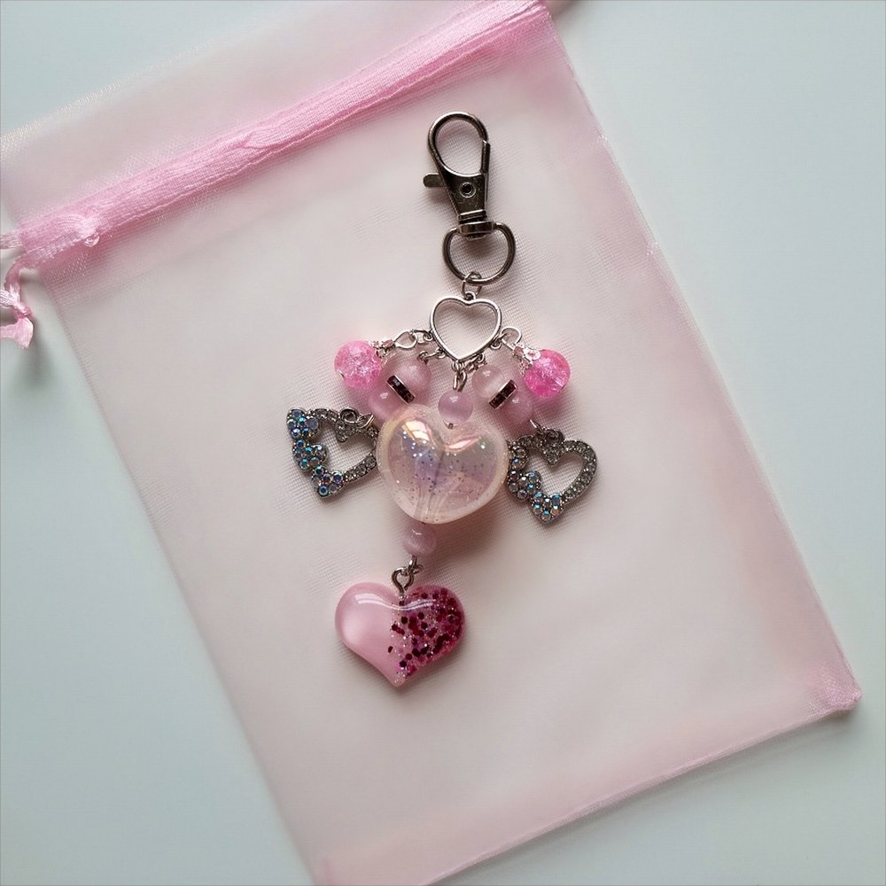 Handmade Pink Beaded Heart Bag Charm – Sparkling Accessory with Diamanté Charms - Image 3