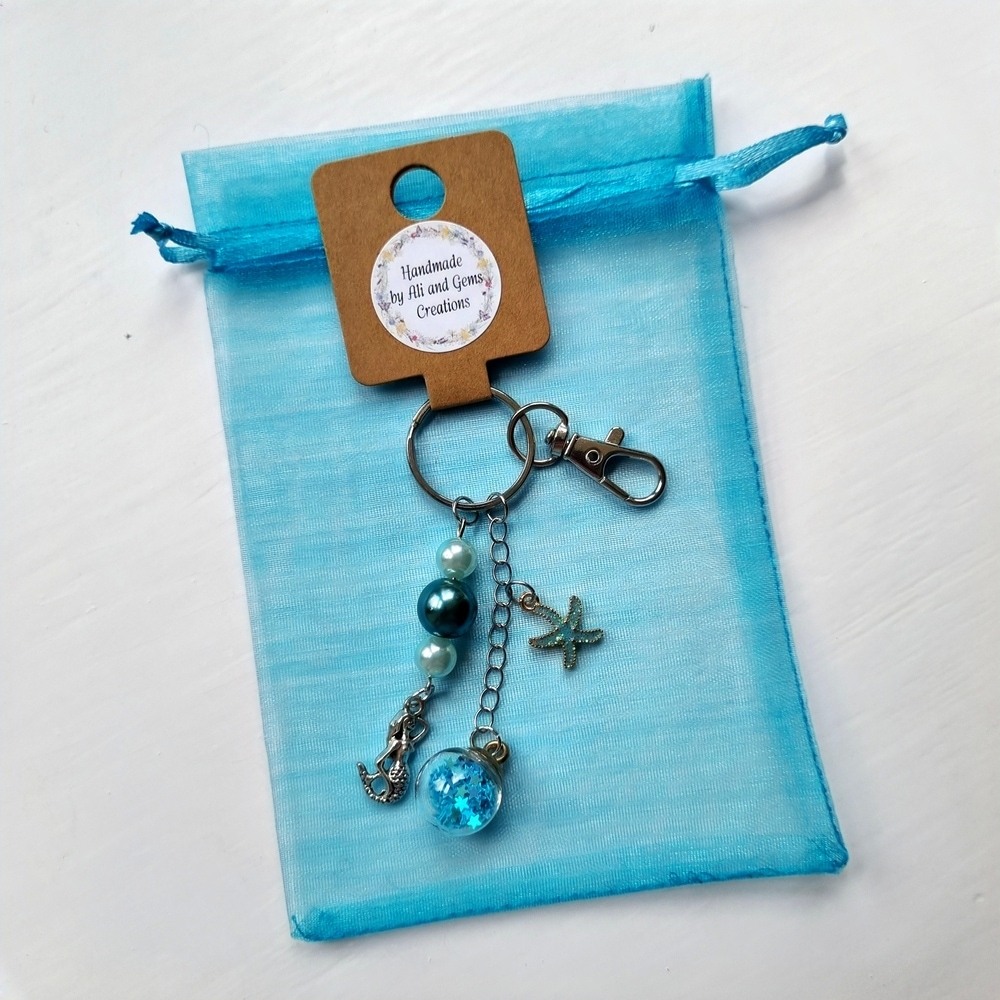Handmade Mermaid Green and Blue Beaded Bag Charm with Metal and Glittery Starfish Charms
