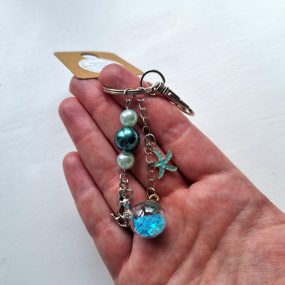 Handmade Mermaid Green and Blue Beaded Bag Charm with Metal and Glittery Starfish Charms - Image 5