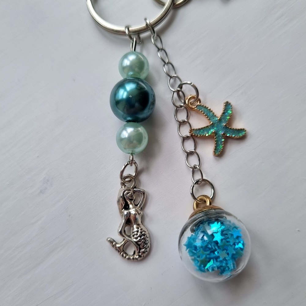 Handmade Mermaid Green and Blue Beaded Bag Charm with Metal and Glittery Starfish Charms - Image 4