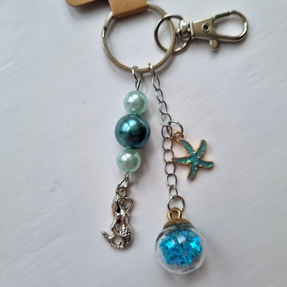 Handmade Mermaid Green and Blue Beaded Bag Charm with Metal and Glittery Starfish Charms - Image 3