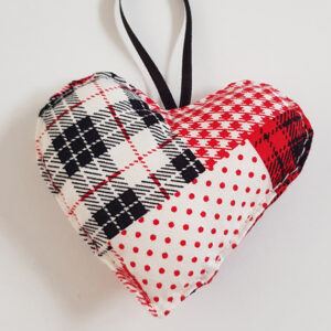 Red Black And White Patchwork Print Hanging Heart Decoration on white background