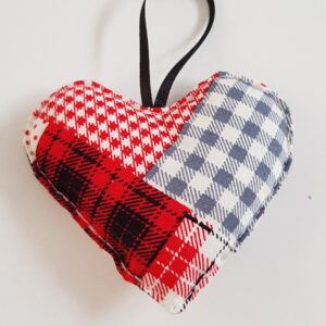 Red Black And White Patchwork Print Hanging Heart Decoration on white background