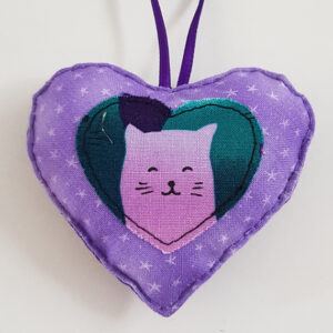 Purple Cat Hanging Heart Decoration - Handmade Double-Sided Gift