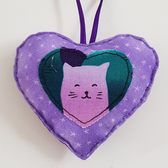 Purple Cat Hanging Heart Decoration - Handmade Double-Sided Gift