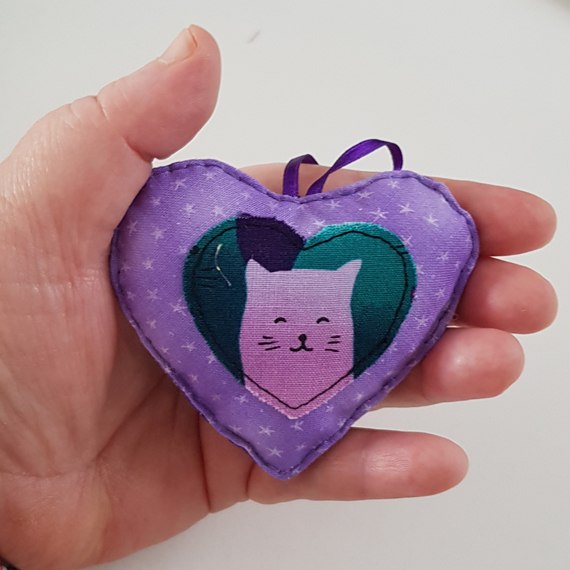 Purple Cat Hanging Heart Decoration - Handmade Double-Sided Gift