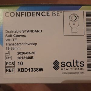 Shows the side of a box of Salts Confidence Be Stoma Bags With The Information Standard 13-38mm