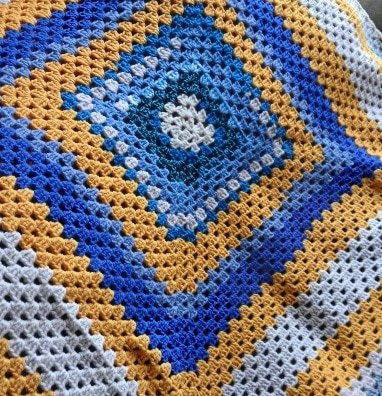 'Sea, sand and sky'. Crocheted Wool blanket/ throw. Proceeds to The Stroke Association