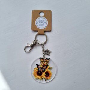 Handmade Yellow Butterflies & Sunflower Acrylic Keyring with Charms
