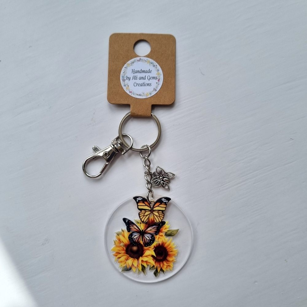 Handmade Yellow Butterflies & Sunflower Acrylic Keyring with Charms - Image 2