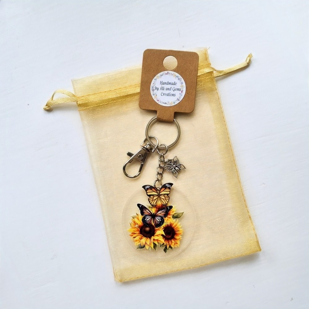 Handmade Yellow Butterflies & Sunflower Acrylic Keyring with Charms