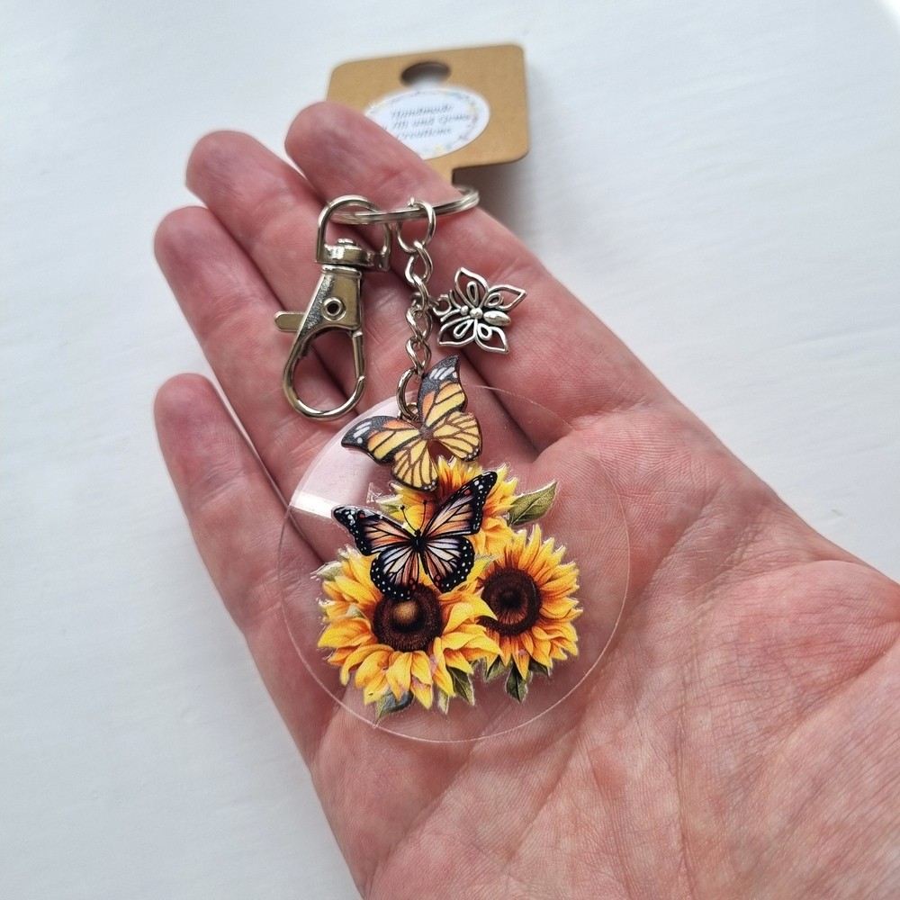 Handmade Yellow Butterflies & Sunflower Acrylic Keyring with Charms - Image 6
