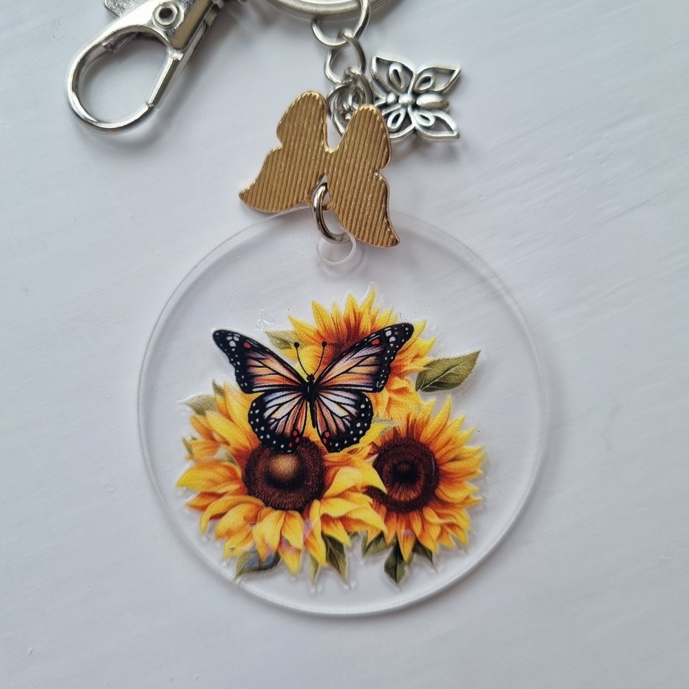 Handmade Yellow Butterflies & Sunflower Acrylic Keyring with Charms - Image 4