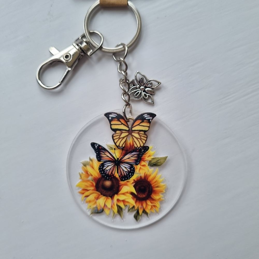 Handmade Yellow Butterflies & Sunflower Acrylic Keyring with Charms - Image 3