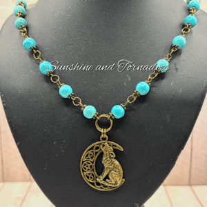 Handmade Turquoise Bead Wolf Moon Necklace | Bronze Wolf Pendant Necklace | Boho Statement Jewellery | Gift for Her