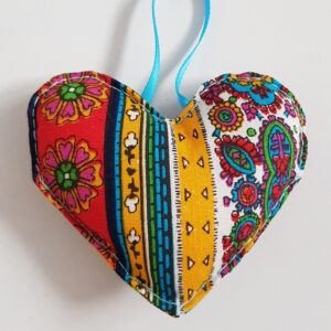 Bright Multicoloured Vintage Floral Hanging Heart Decoration On A White Background