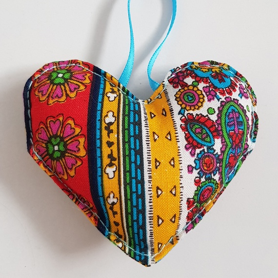 Bright Multicoloured Vintage Floral Hanging Heart Decoration On A White Background