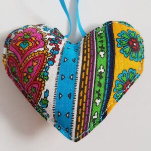 Bright Multicoloured Vintage Floral Hanging Heart Decoration On A White Background