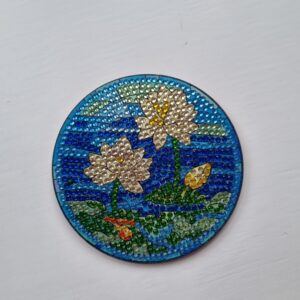 Elegant White Flower Diamond Art Coaster on Blue Background