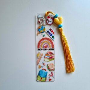 Teacher Themed Acrylic Bookmark Gift with Yellow Heart and Blue Beads