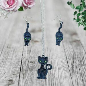 Enchanting Black Cat Jewelry Set with Green Eyes – Exquisite Embroidered Lace Necklace & Earrings