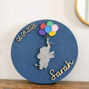 Personalized Baby Name Sign with Birth Date, Elephant Nursery Decor, Custom Wooden Name Sign, Baby Name Plaque, Newborn Gift