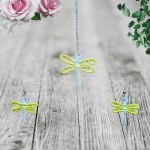 Exquisite Dragonfly Embroidered Necklace & Earring Set – Free Standing Lace