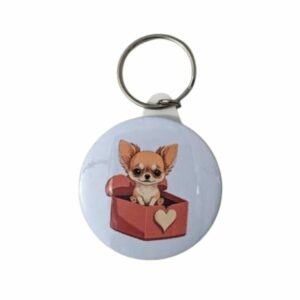 Fawn Chihuahua Keyring in Heart-Decorated Red Box