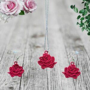 Elegant Red Roses Necklace & Earring Set – Freestanding Lace Embroidery